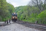 An eastbound rounds the curve at Montgomery